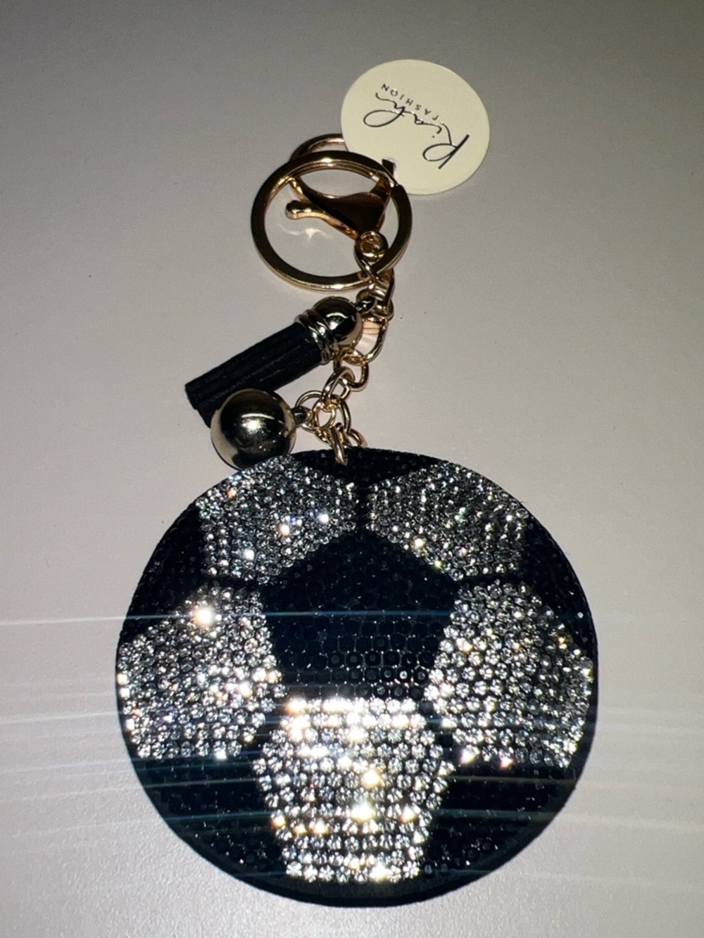 R and R Fashion Black Crystal Soccer-Pattern Round Keychain